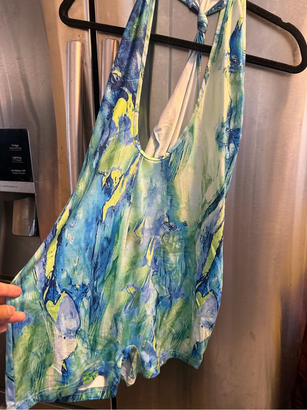 SHEIN Blue Green Yellow Marble Halter One-Piece Swimdress with Knot